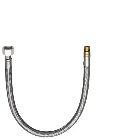 Flexible Metallanschlussleitung von Hansgrohe mit einem Anschlussgewinde auf der einen Seite und einer Schnellverschlusskupplung auf der anderen Seite.